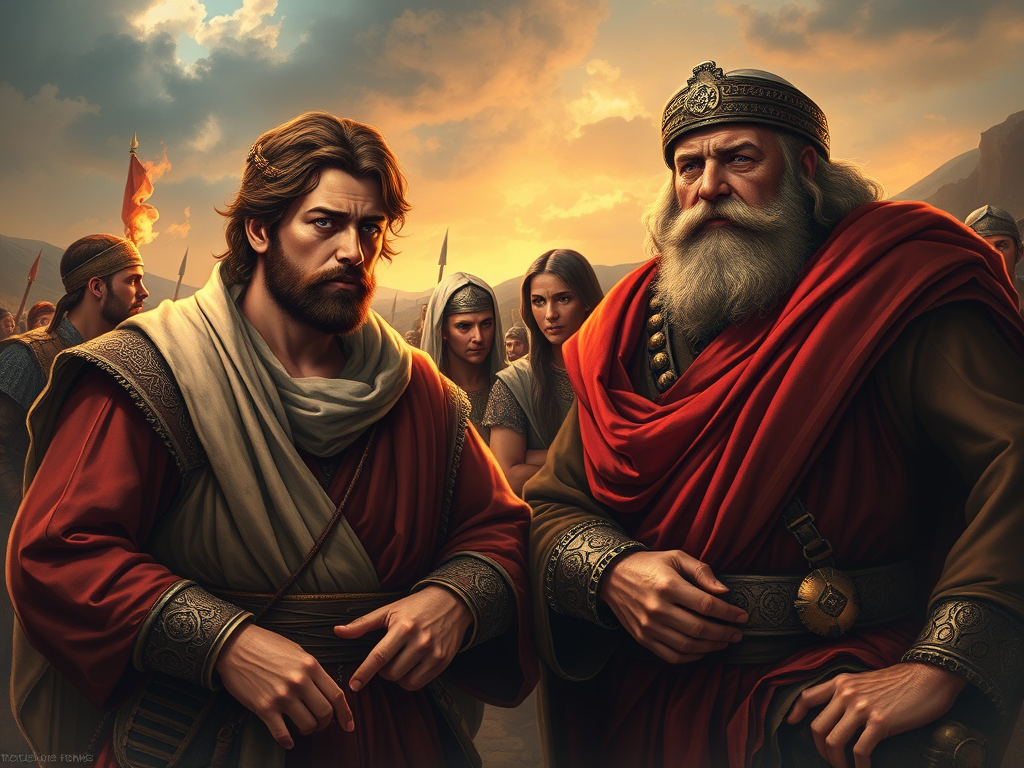 Two men in historical attire stand together, one with long hair and a beard, wearing a red cloak, and another older man with a thick beard and a crown, both looking serious against a dramatic sunset background.