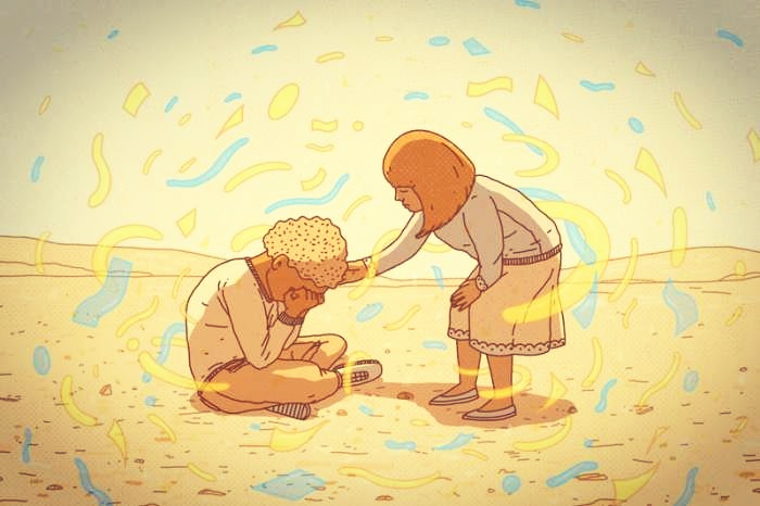 An illustration of a young girl comforting an older man sitting on the ground, who appears distressed. Surrounding them are colorful swirling shapes, symbolizing kindness and hope.