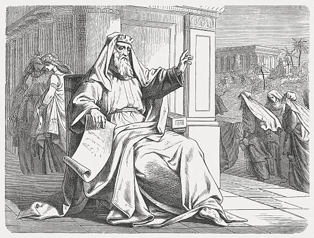 King Solomon, holding a scroll, with people approaching .