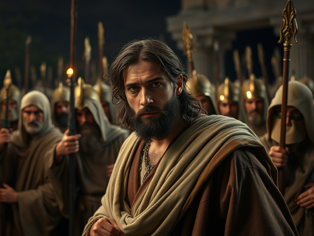 A man with shoulder-length hair and a beard stands in the foreground, looking directly at the viewer with a serious expression. Behind him, a group of soldiers is gathered, holding torches and spears, creating a tense atmosphere.