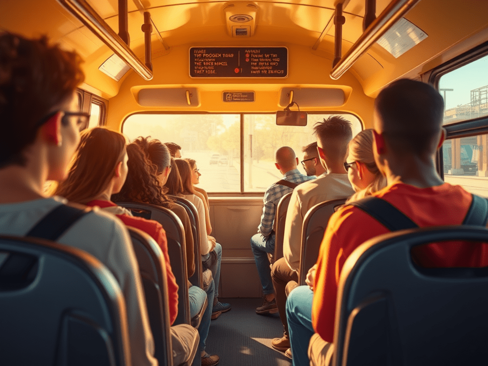 Interior view of a bus with passengers sitting in their seats, facing forward, as sunlight filters through the windows.