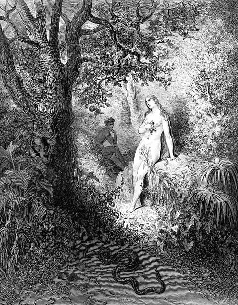 Eve standing near a tree with a serpent on the ground and a shadowed figure in the background in a garden setting
