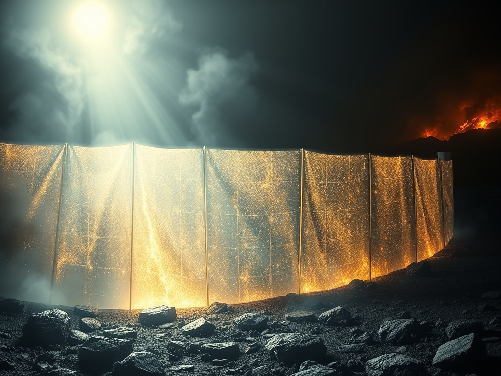 A glowing protective barrier made of shimmering fabric stands against a dark and turbulent landscape, symbolizing divine protection and intervention.