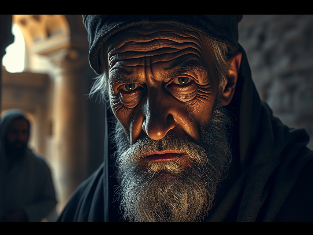 A close-up portrait of an elderly man with a long beard and intense expression, dressed in dark robes, conveying a sense of wisdom and seriousness in a dimly lit setting.
