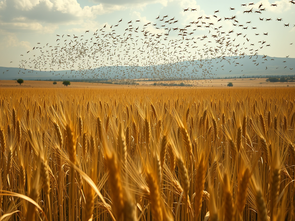 A golden wheat field with a large flock of locusts flying above, symbolizing the potential threat to crops and the concept of divine protection against destruction.
