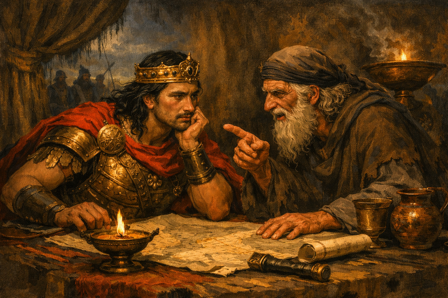 Medieval king receiving advice from elder An old bearded man advises a pensive king in armor with a red cape over a map, with soldiers in the background