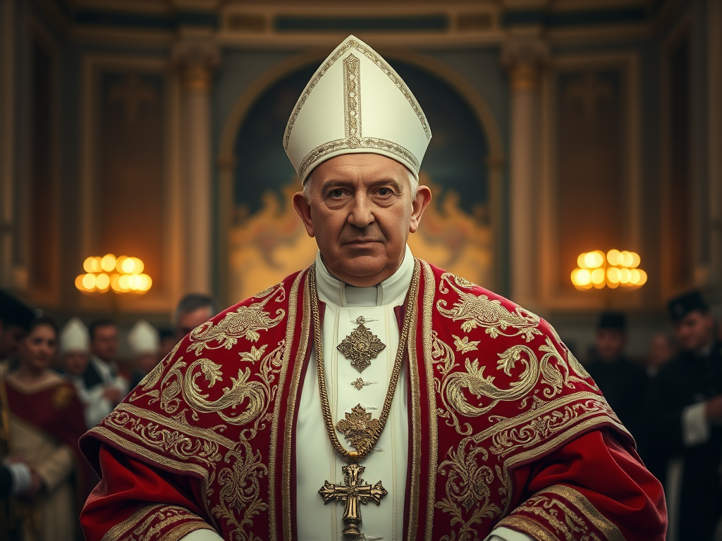 A solemn figure dressed in ornate red and gold papal robes, wearing a white mitre, stands confidently in a grand interior filled with soft lighting and religious figures in the background.