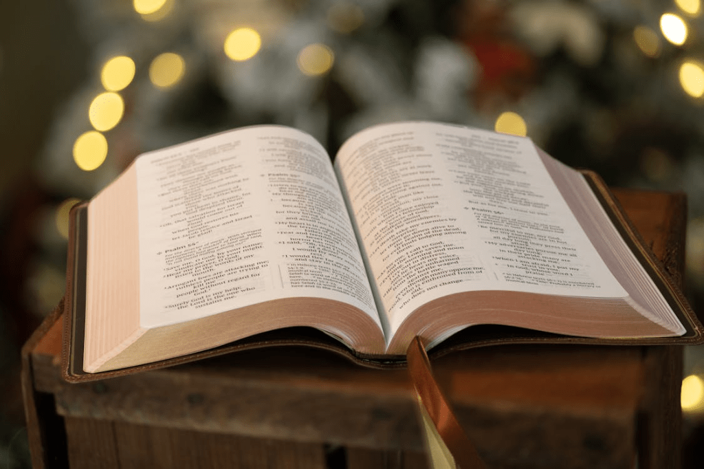 An open Bible resting on a wooden table, surrounded by soft golden lights, evoking a sense of peace and contemplation.
