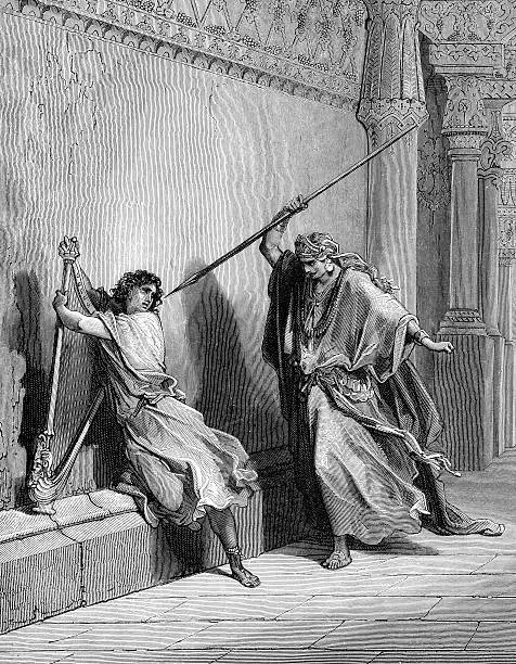 An illustration depicting a dramatic moment between two biblical figures, King Saul and David, and Saul appearing to threaten David with a spear, set in an ornate room reflective of ancient architecture.