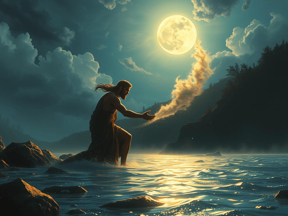 A figure resembling a man in ancient attire is depicted wrestling in a river under a full moon, surrounded by rocky terrain and dramatic clouds.