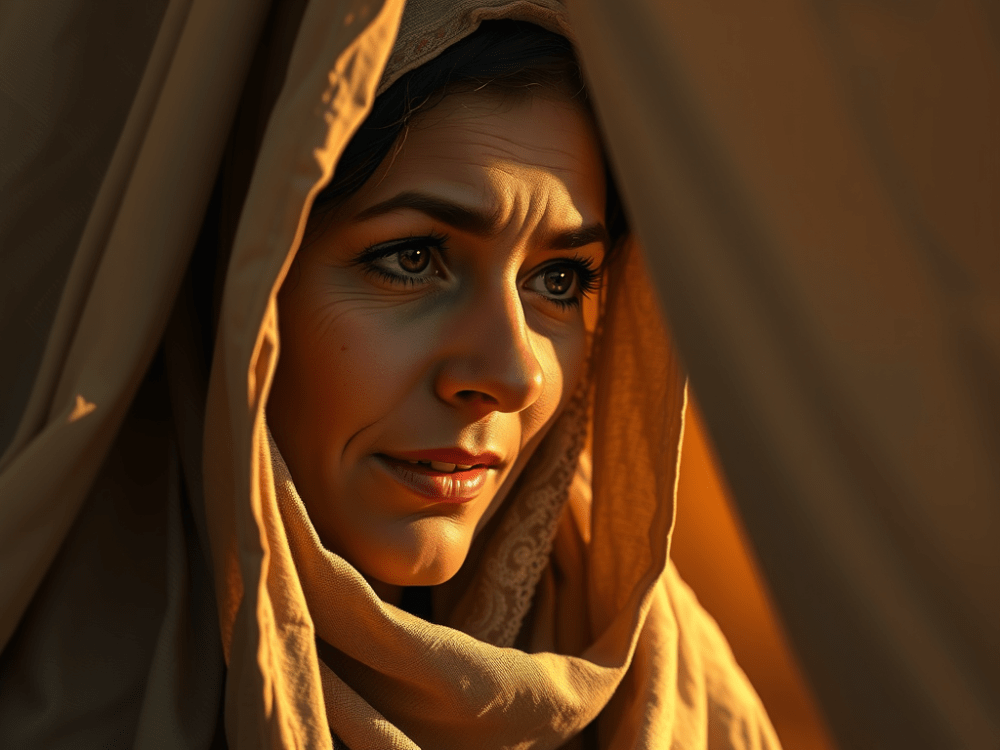 A woman with a thoughtful expression peeks out from behind a fabric curtain, wearing a headscarf, illuminated by warm sunlight.
