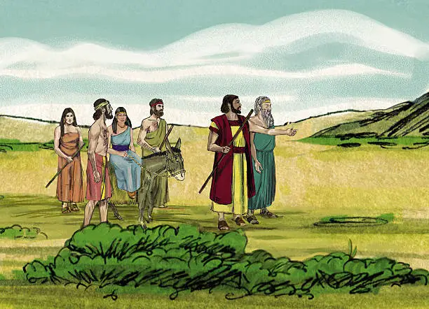 A group of six figures stands in a landscape, with one figure gesturing as if speaking. The scene includes a mix of men and women, dressed in ancient attire, with a donkey visible among them in a grassy area under a blue sky with clouds.
