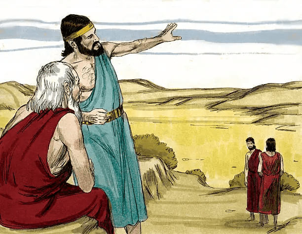 An illustration depicting a conversation between Abraham and two visitors, with Abraham gesturing towards a distant landscape, embodying a moment of revelation and divine deliberation.