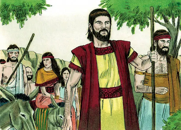 An illustrated scene depicting a biblical figure, possibly Abraham, leading a group of people through a lush landscape, surrounded by trees and animals, conveying a sense of community and journey.