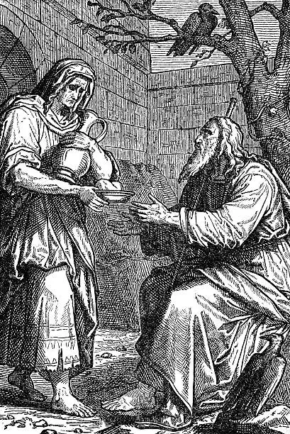 An illustration depicting the biblical story of the widow at Zarephath offering her last meal to the prophet Elijah. The widow stands, holding a jug and a bowl, while Elijah sits before her, receiving the offering.