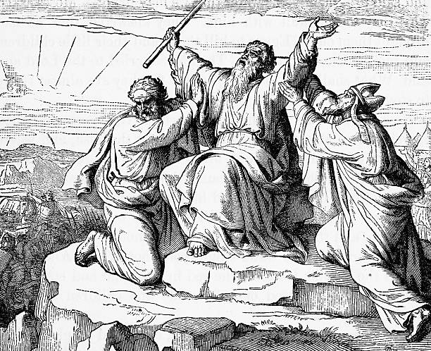 An illustration depicting Moses raising his staff on a mountaintop while two figures support him, symbolizing divine assistance and leadership during a critical moment.