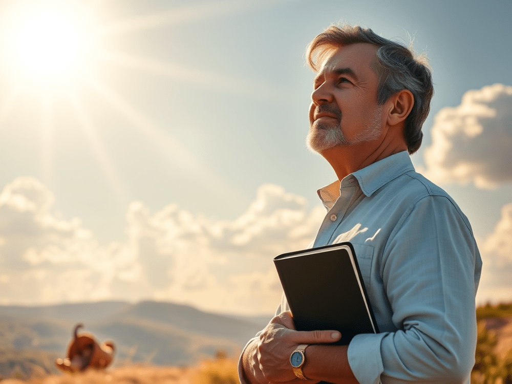 A thoughtful older man holding a Bible, gazing towards the sky, with a serene expression, trusting in God.