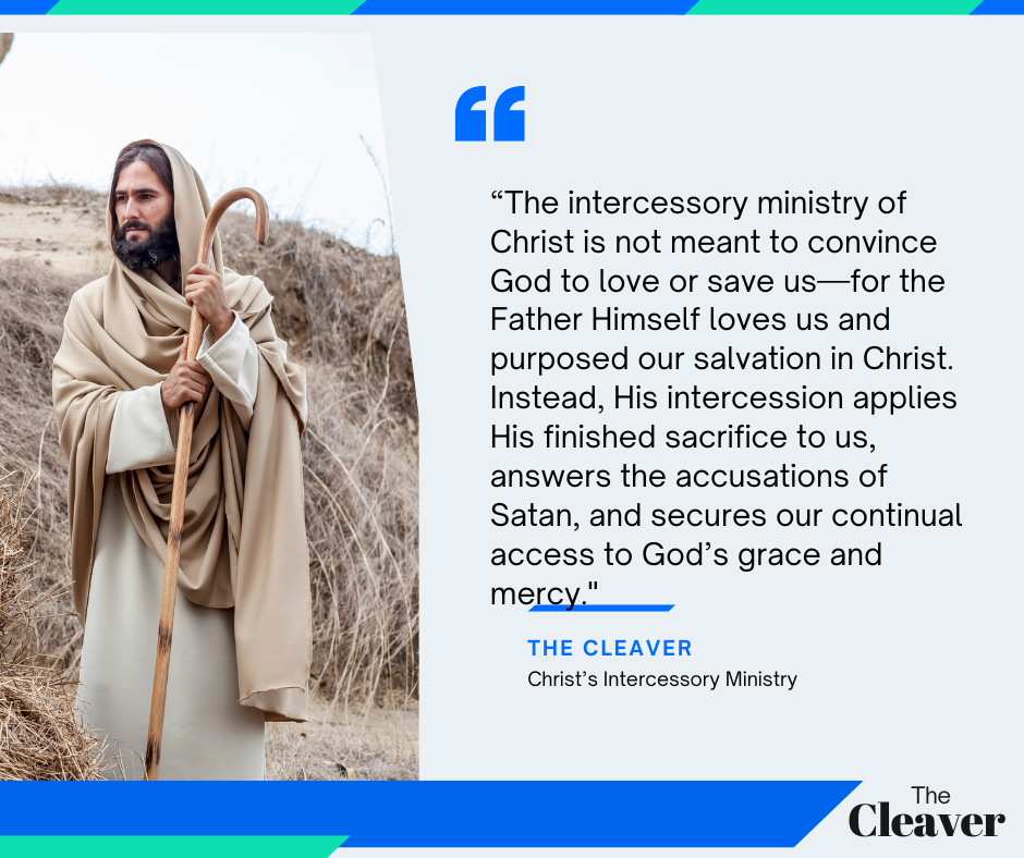 A man dressed in traditional robes stands in a serene outdoor setting, holding a shepherd's staff, while a quotation about Christ's intercessory ministry is displayed alongside.