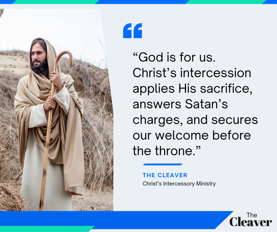 A figure dressed in traditional robes holding a shepherd's staff, standing in a natural setting with a quote about Christ's intercession overlaying the image.