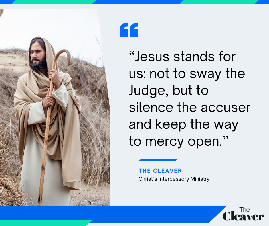 A figure resembling Jesus Christ stands in a natural setting, holding a staff, with a quote about His intercession displayed beside him.