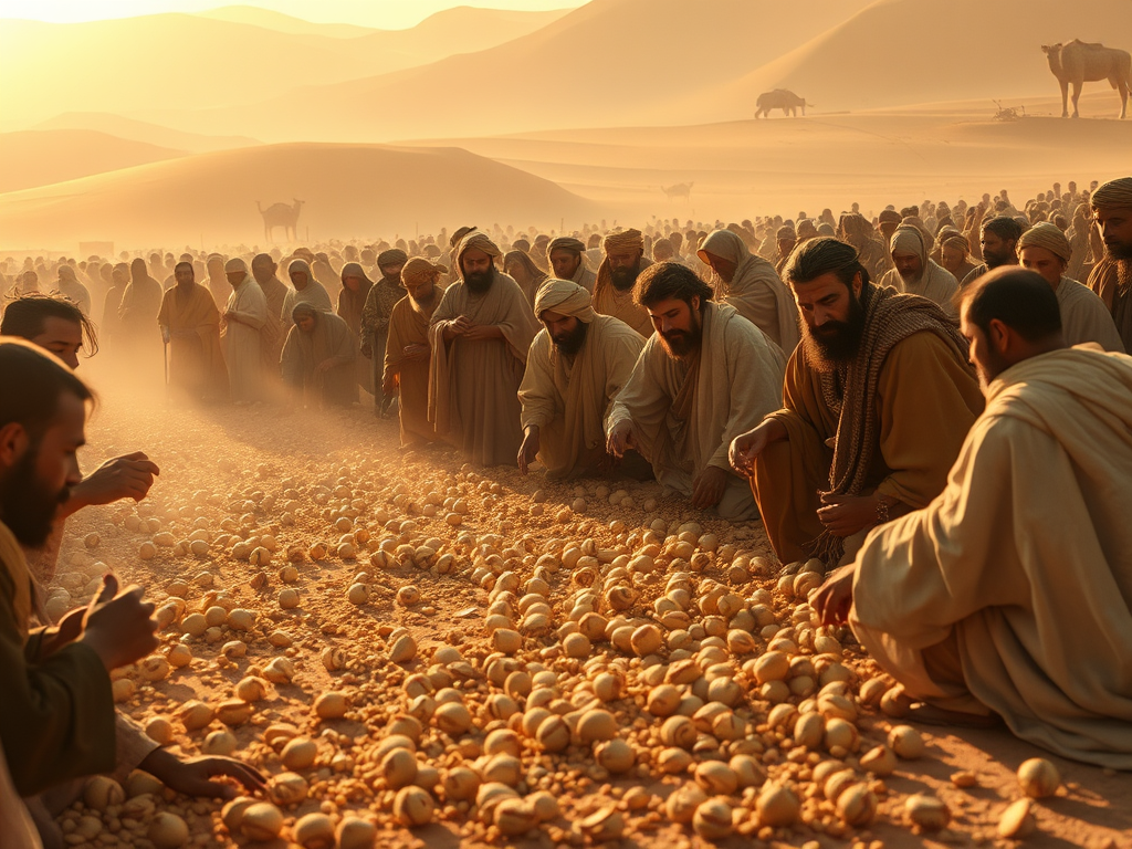A group of people is gathering and examining what appears to be a heap of manna in a desert setting during sunrise, with camels and sand dunes in the background.