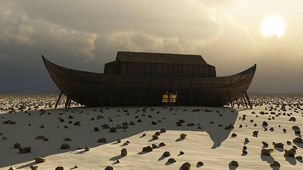 3D rendering of a wooden ark in a barren landscape, symbolizing the story of Noah's Ark.