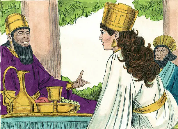 A biblical scene depicting Esther speaking with King Xerxes, dressed in royal attire, with a background of trees and golden vessels.