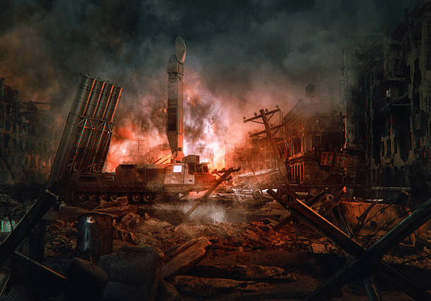 A devastated urban landscape with smoke, debris, and a military vehicle amid destruction, illustrating themes of chaos and conflict.