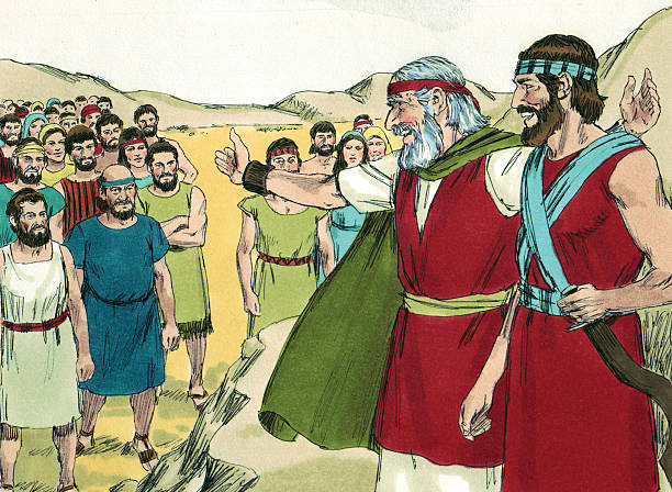 An illustrated scene depicting Moses and Aaron addressing a group of Israelites in a desert setting, emphasizing themes of leadership and guidance during their journey.