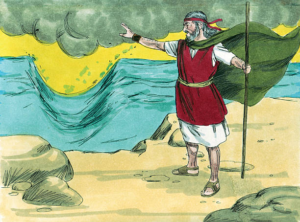 An illustration showing Moses raising his hand and a staff towards the parted waters of the Red Sea, surrounded by dark clouds and rocky terrain, symbolizing faith and divine intervention.