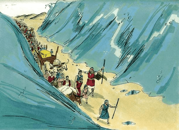 An illustration of Moses leading the Israelites through the parted Red Sea, with towering walls of water on either side.