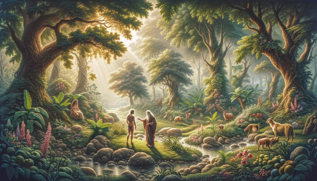 Adam and Eve in the garden of Eden, Creation of the world, Bible Illustrations