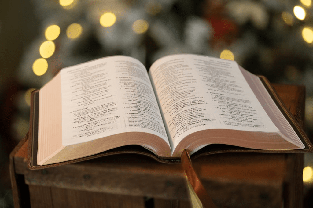 An open Bible resting on a wooden surface, with soft, blurred lights in the background, symbolizing reverence and faith.