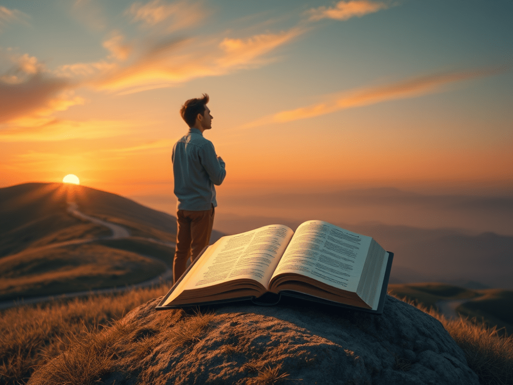 A person standing on a hilltop at sunset, gazing into the distance, with an open Bible resting on a rock in the foreground.