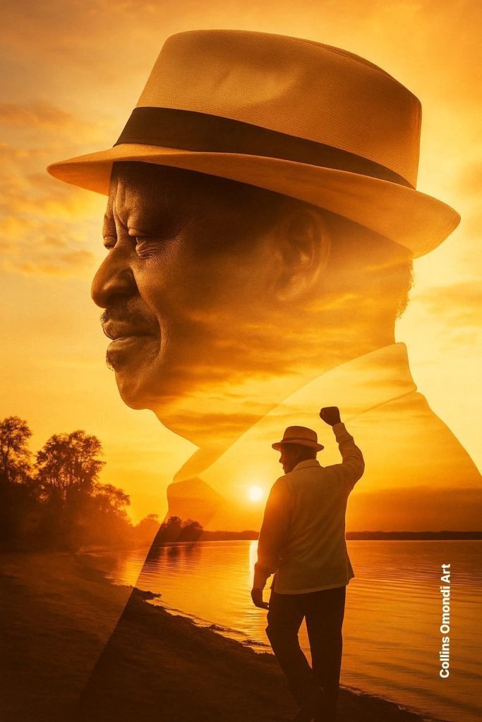 A silhouette portrait of Rt. Hon. Raila Amollo Odinga, wearing a fedora hat, overlaid with a sunset background, symbolizing strength and legacy.
