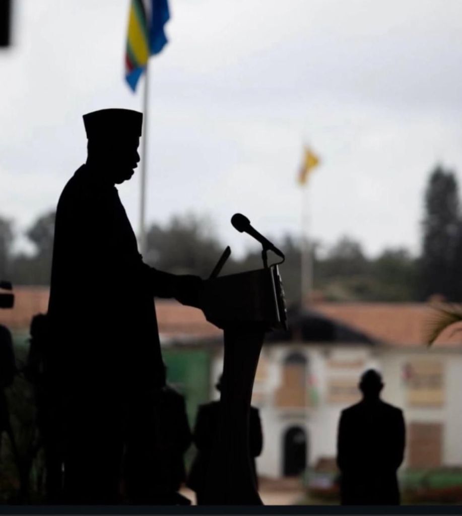Silhouette of a speaker at a podium during an event, with flags in the background and an audience faintly visible.