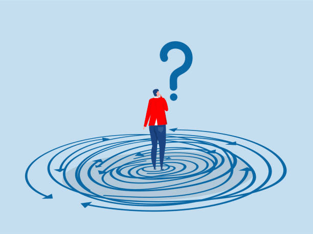 An illustration of a person in a red jacket standing in a circular pattern with arrows, looking confused and contemplating a large question mark above their head.