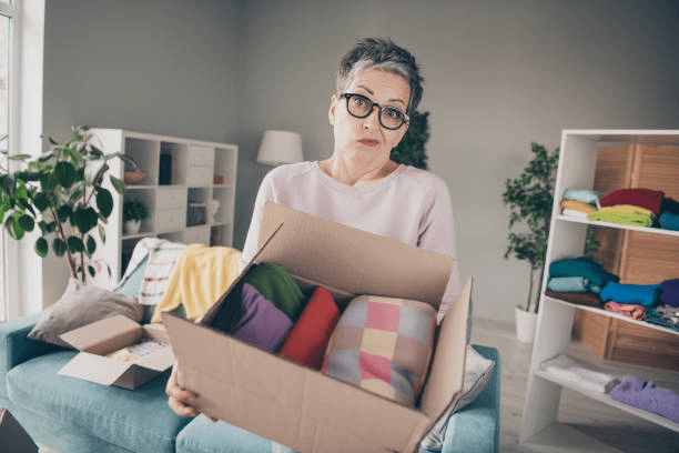 A woman holding a box filled with colorful folded blankets and towels, looking uncertain about decluttering. The background shows a tidy room with shelves of neatly organized items.