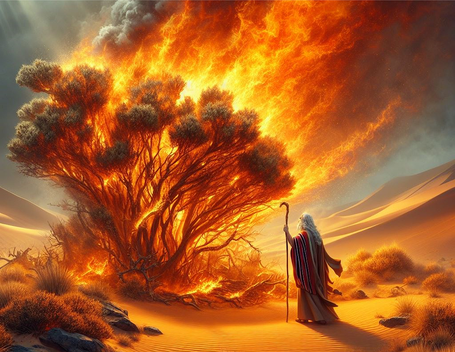 A figure in traditional attire stands before a burning bush in a desert landscape, depicting a moment of divine revelation.