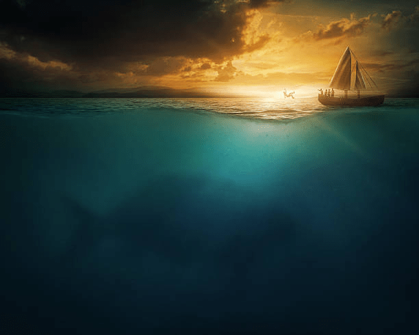 A sunset scene over a serene ocean, with a small boat carrying people above the water, and a large shadow, resembling a sea creature, visible beneath the surface.