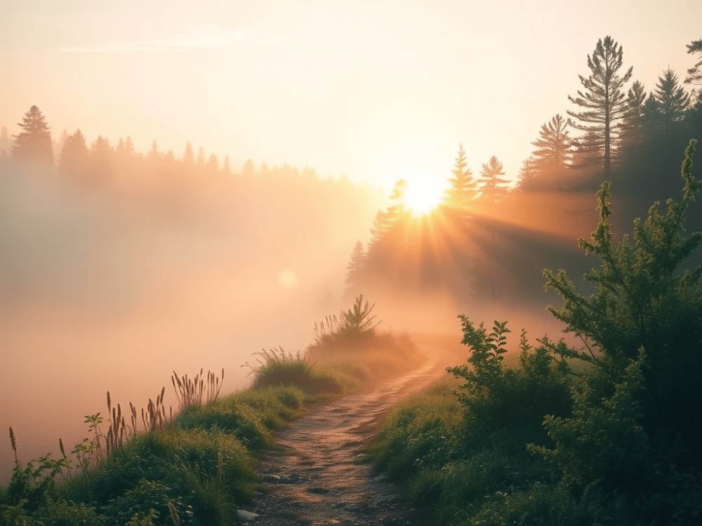 A serene sunrise over a misty pathway lined with trees and grass, symbolizing new beginnings and hope.