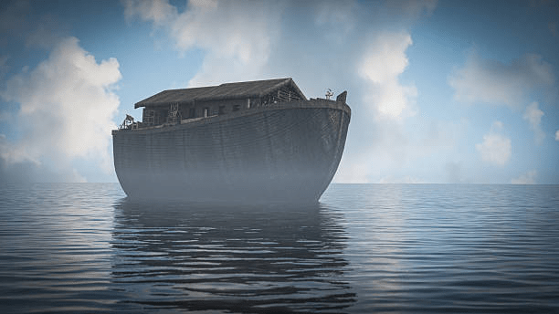 A digital illustration of Noah's Ark floating on a foggy sea under a cloudy sky.