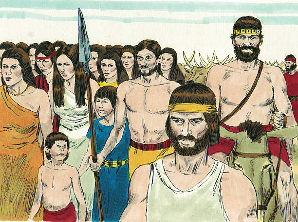 An illustration of a group of ancient people, including men, women, and children, dressed in traditional attire, with some carrying spears.