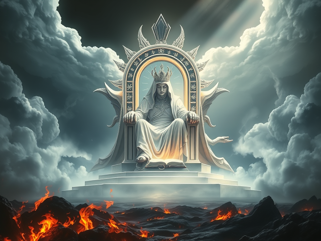 A majestic figure seated on a grand throne surrounded by clouds and flames, exuding an aura of power and authority.