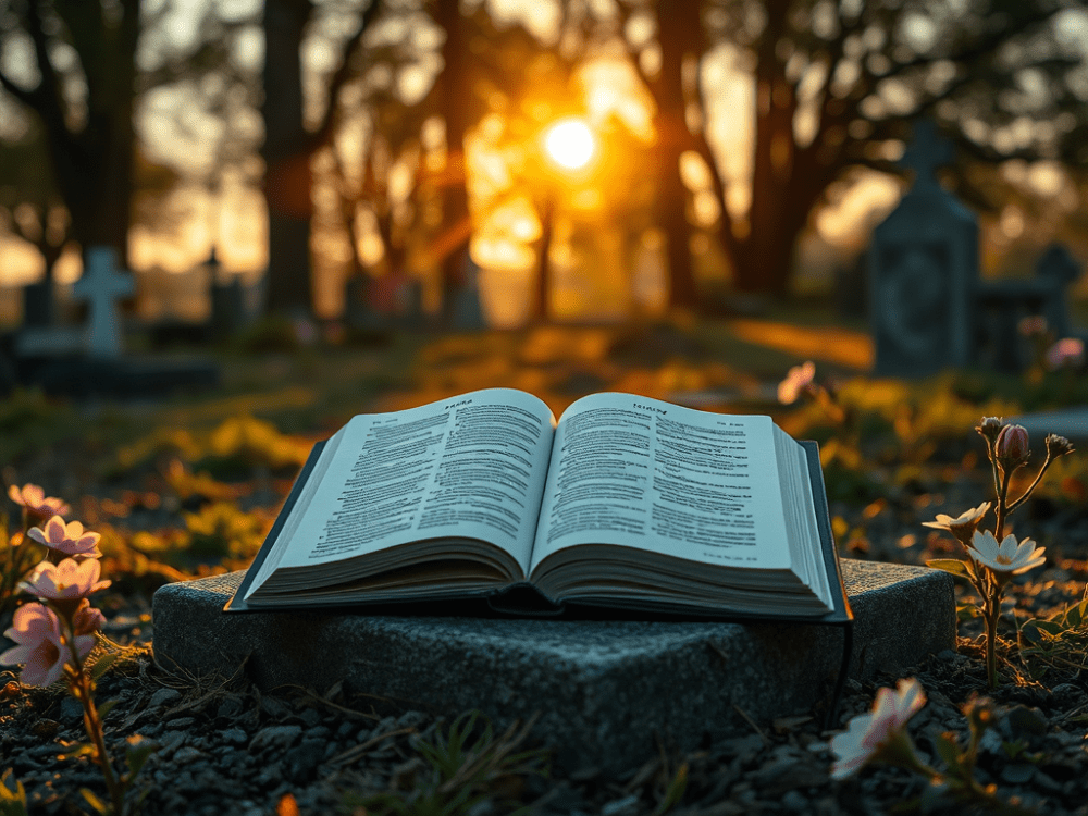 An open Bible resting on a stone in a graveyard, with flowers surrounding it and a sunset in the background.