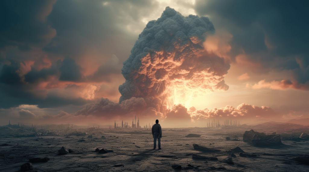A solitary figure stands in a barren landscape, facing a dramatic explosion in the sky, surrounded by dark clouds and a glowing horizon.