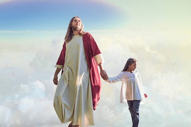 A figure resembling Jesus, dressed in a robe and cloak, gently holds the hand of a young girl as they walk together through a serene, cloud-filled landscape.