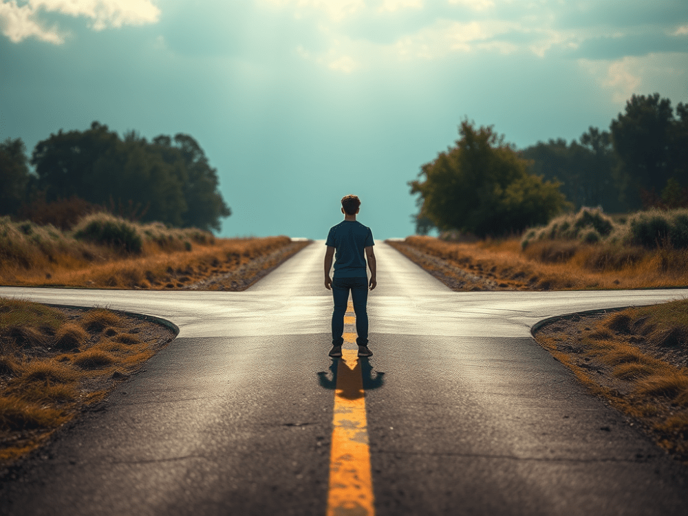 A young boy stands at a crossroad, facing two divergent paths under a dramatic sky.