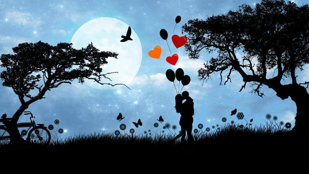 A romantic silhouette of a couple kissing while holding heart-shaped balloons, surrounded by trees and a large moon in a starry sky.