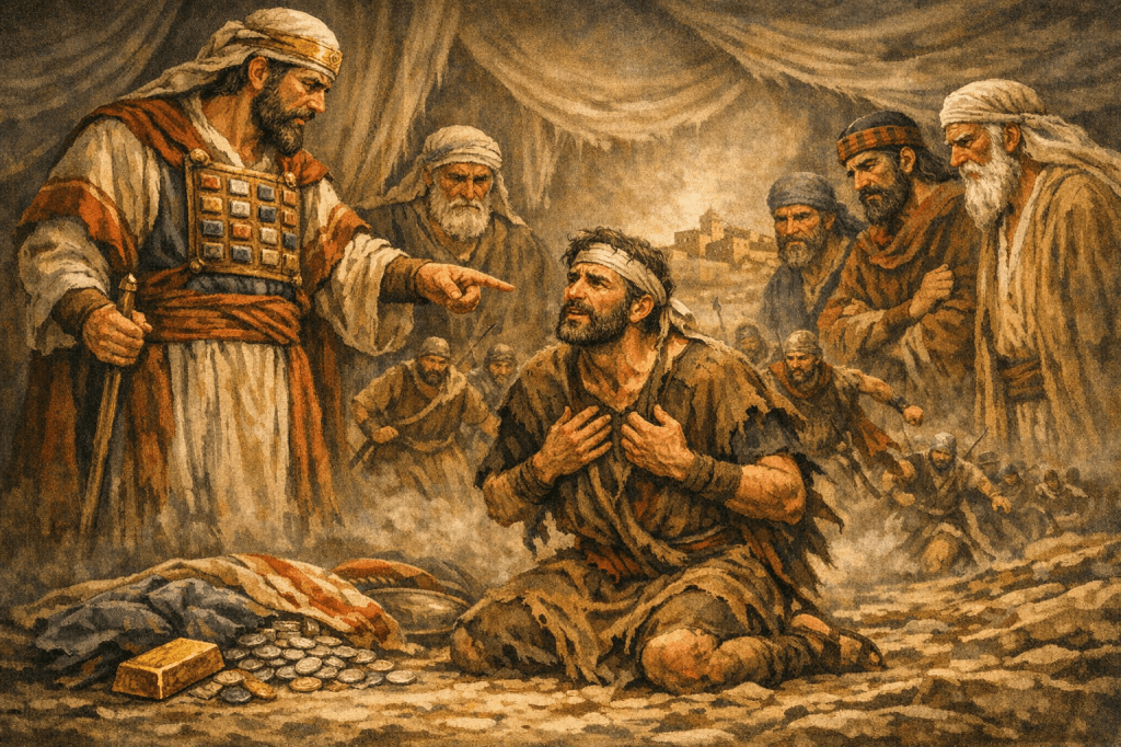 A dramatic scene depicting a leader in traditional attire confronting a kneeling man in ragged clothing, surrounded by a group of onlookers. The atmosphere is intense, with earthy tones and a focus on the emotional expression of the kneeling figure.